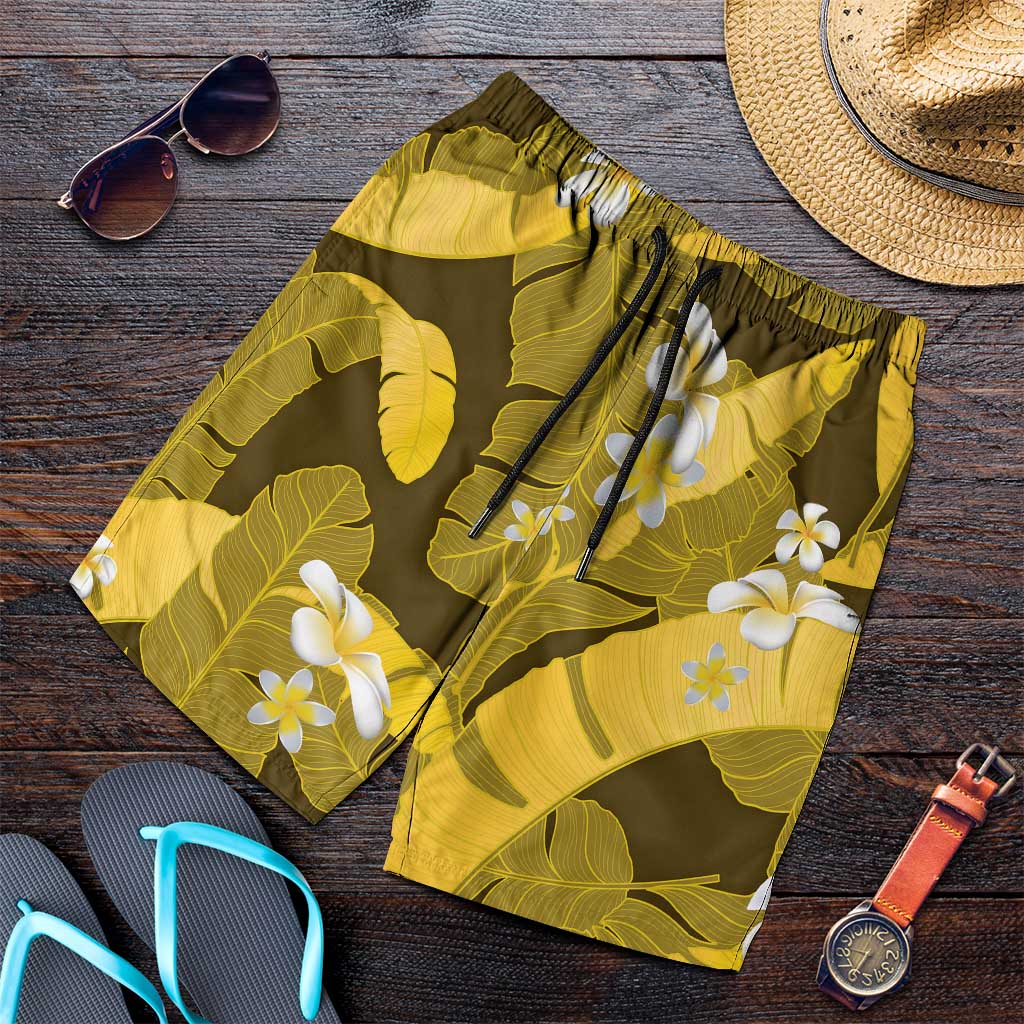 Yellow Banana Leaf Hawaii Shorts for Men Lau Maia Plumeria Tropical Summer Vibes