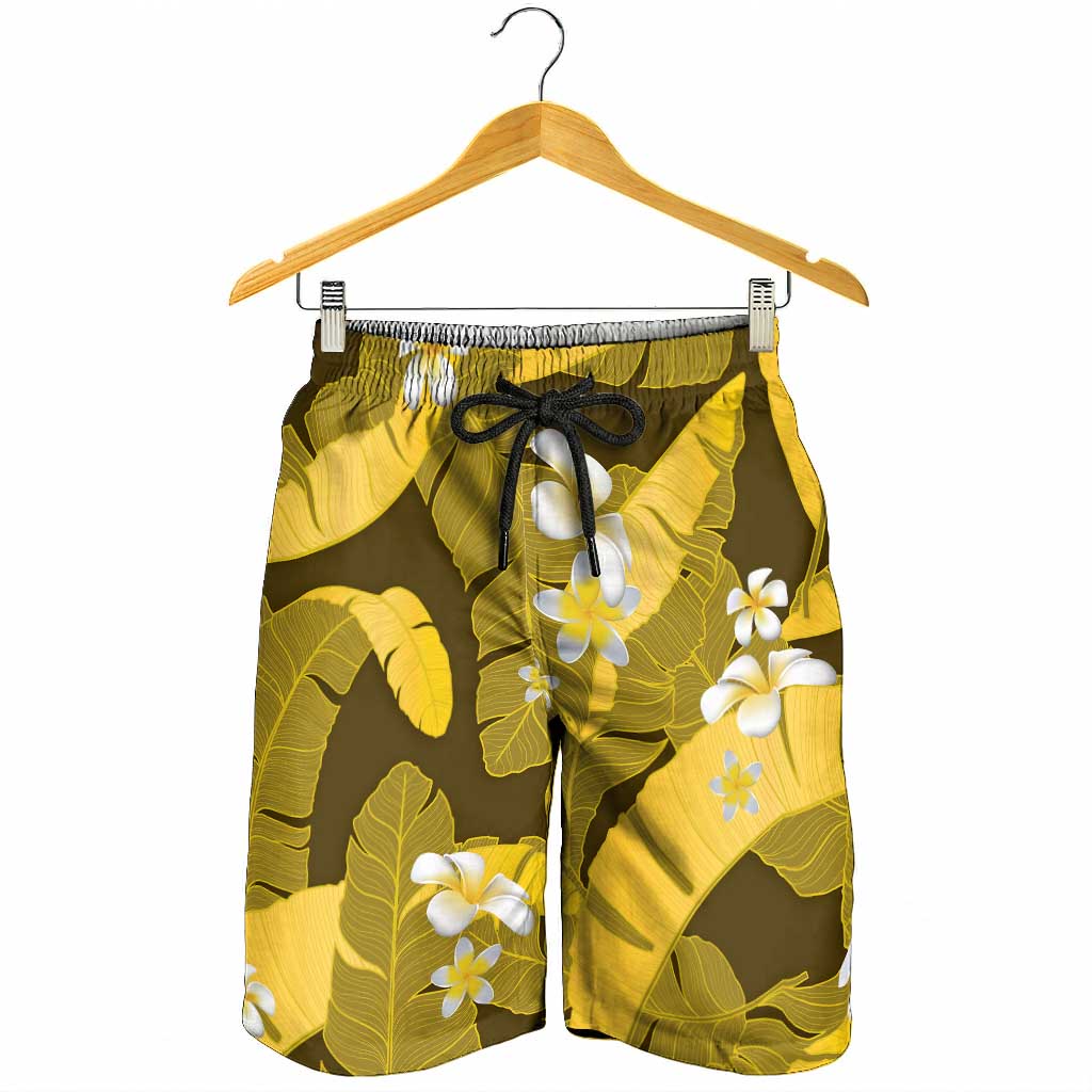 Yellow Banana Leaf Hawaii Shorts for Men Lau Maia Plumeria Tropical Summer Vibes
