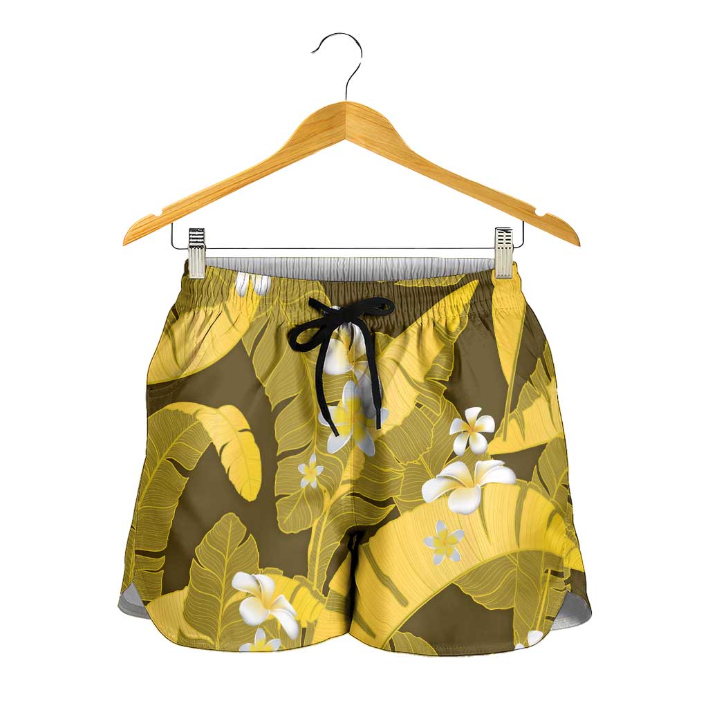 Yellow Banana Leaf Hawaii Shorts for Women Lau Maia Plumeria Tropical Summer Vibes