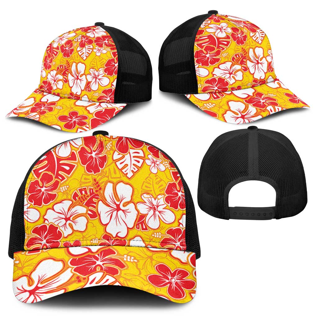 Yellow Hawaii Hibiscus Baseball Net Cap Tropical Flowers Seamless Pattern - Polynesian Pride