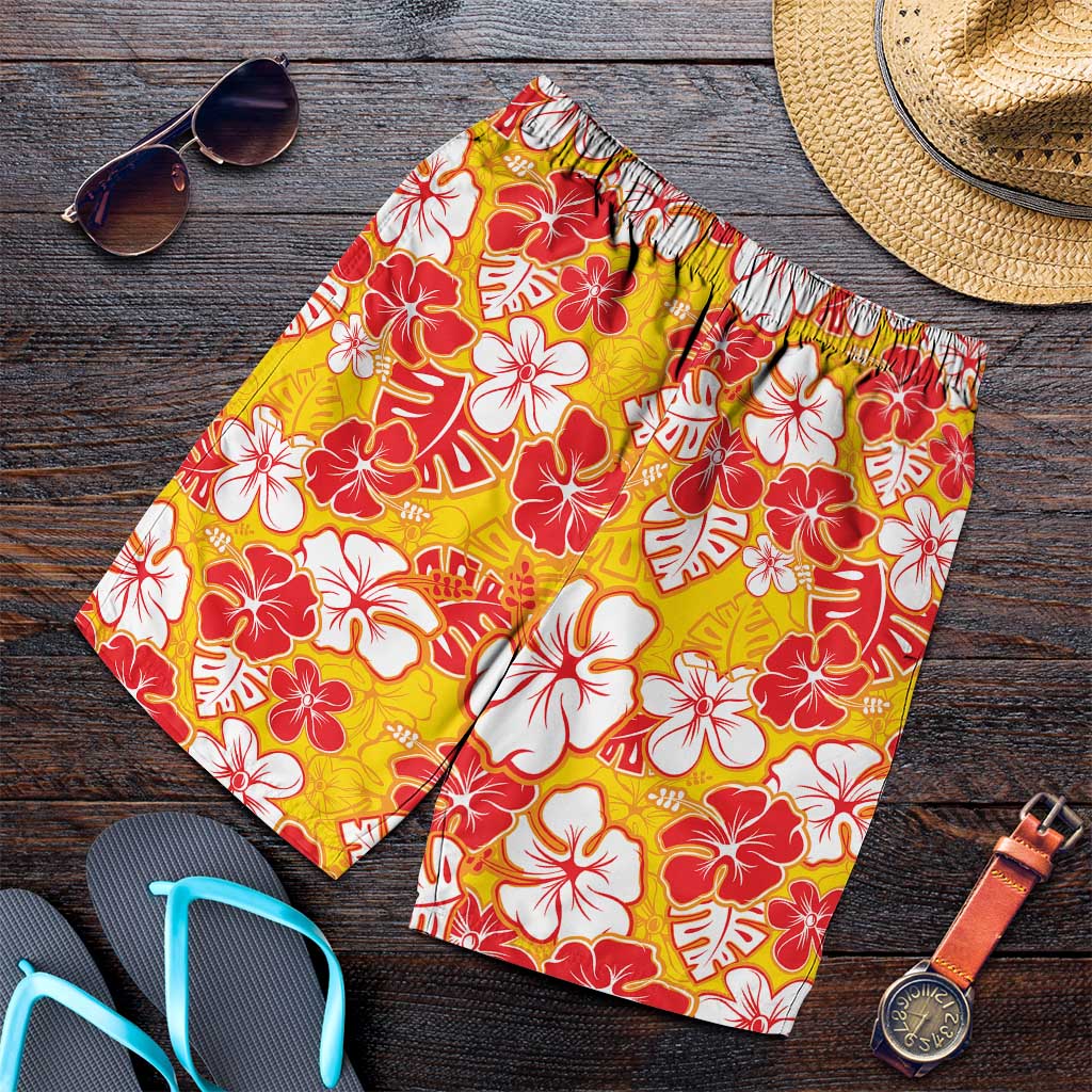 Yellow Hawaii Hibiscus Shorts for Men Tropical Flowers Seamless Pattern - Polynesian Pride