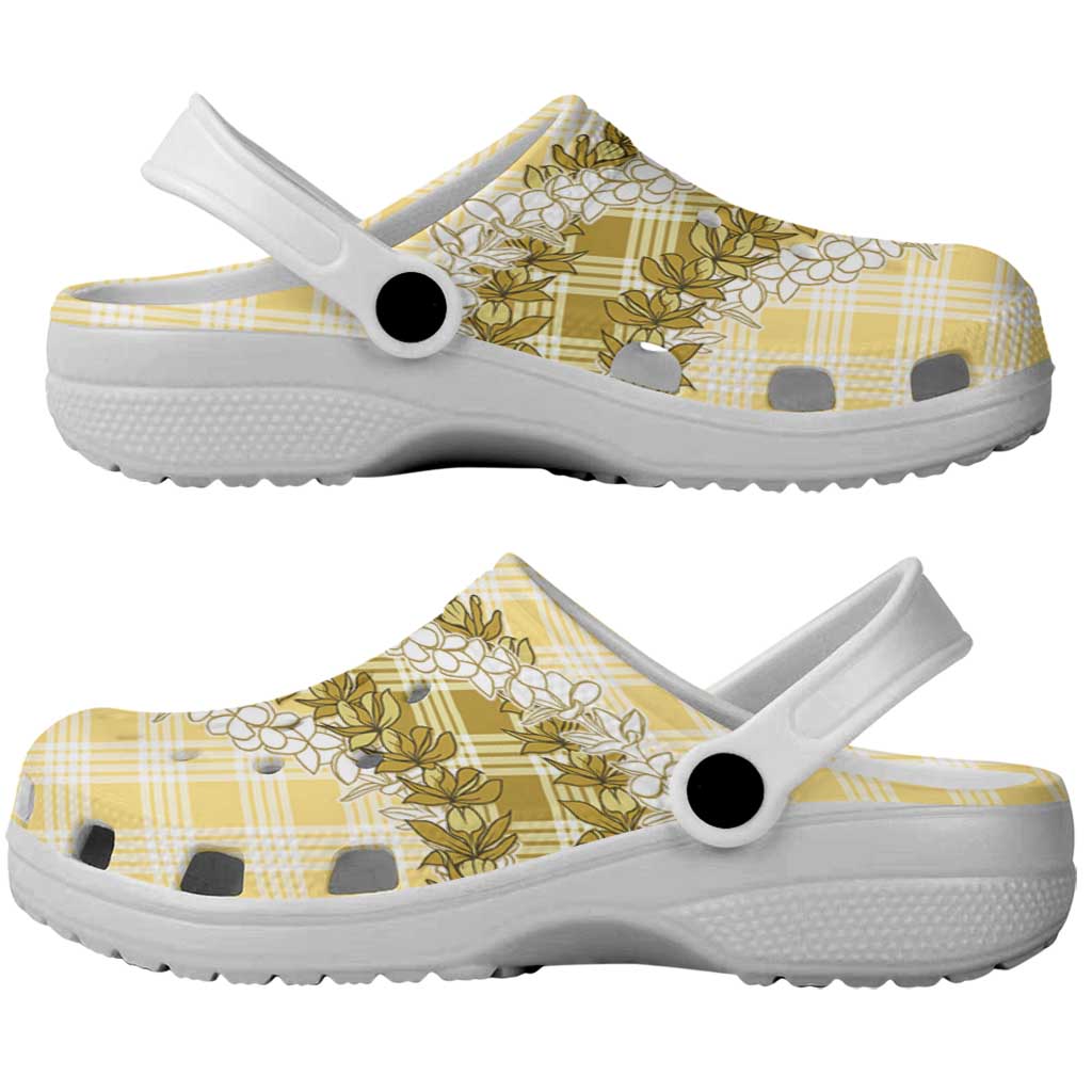 Yellow Hawaii Palaka Clogs Shoes Hawaiian Honohono Lei