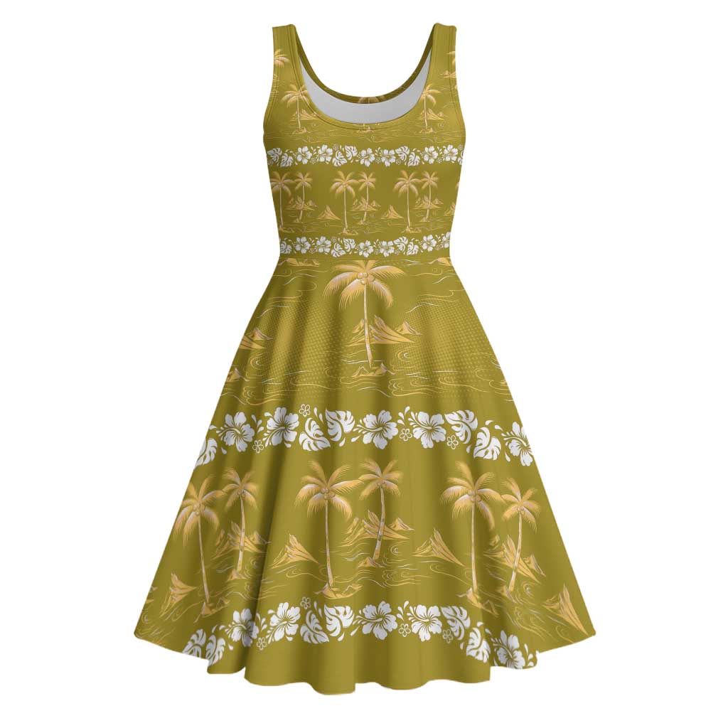 Yellow Hawaii Palm Tree Hibiscus Midi Dress Fantasy Summer Vibe LT01 Yellow - Polynesian Pride