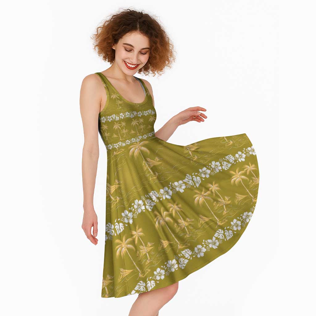 Yellow Hawaii Palm Tree Hibiscus Midi Dress Fantasy Summer Vibe LT01 - Polynesian Pride