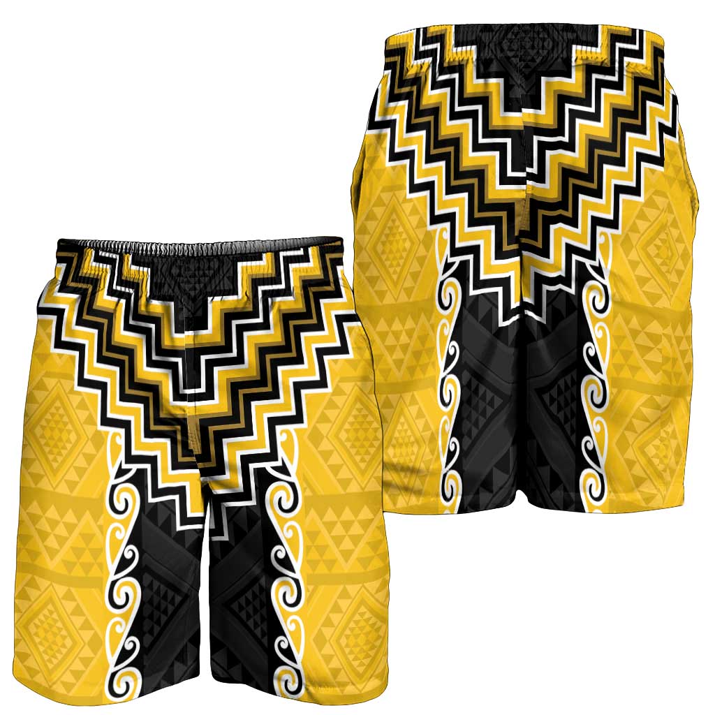 Yellow Niho Taniwha Mix Poutama Shorts for Men Unique Taniko Aotearoa - Polynesian Pride