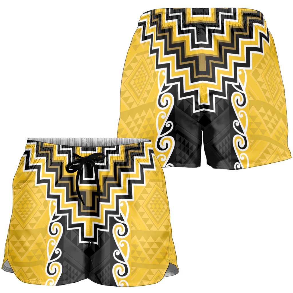 Yellow Niho Taniwha Mix Poutama Shorts for Women Unique Taniko Aotearoa - Polynesian Pride
