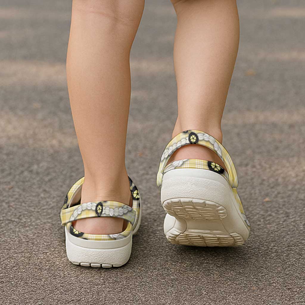 Yellow Palaka Hawaii Clogs Shoes Kukui Nut Pikake Lei Hawaiian Tapa Pattern - Polynesian Pride
