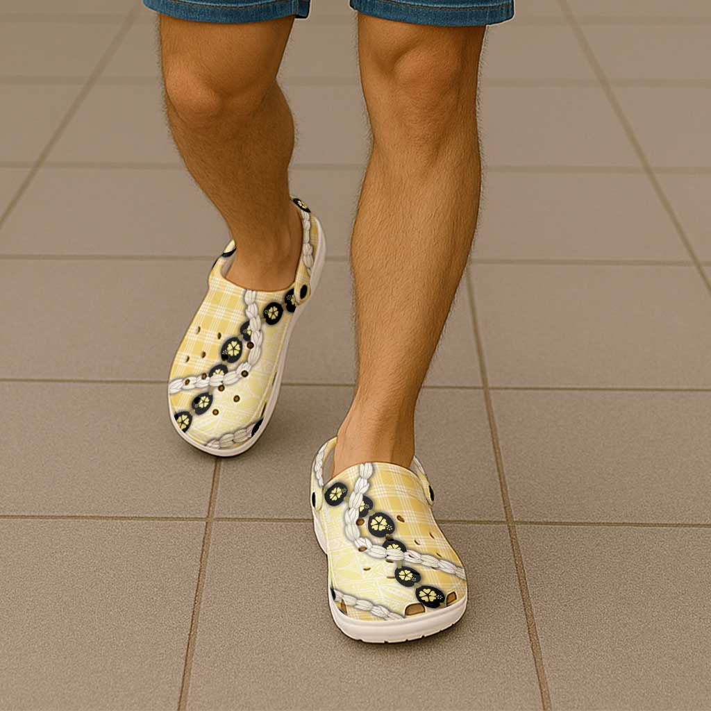 Yellow Palaka Hawaii Clogs Shoes Kukui Nut Pikake Lei Hawaiian Tapa Pattern - Polynesian Pride
