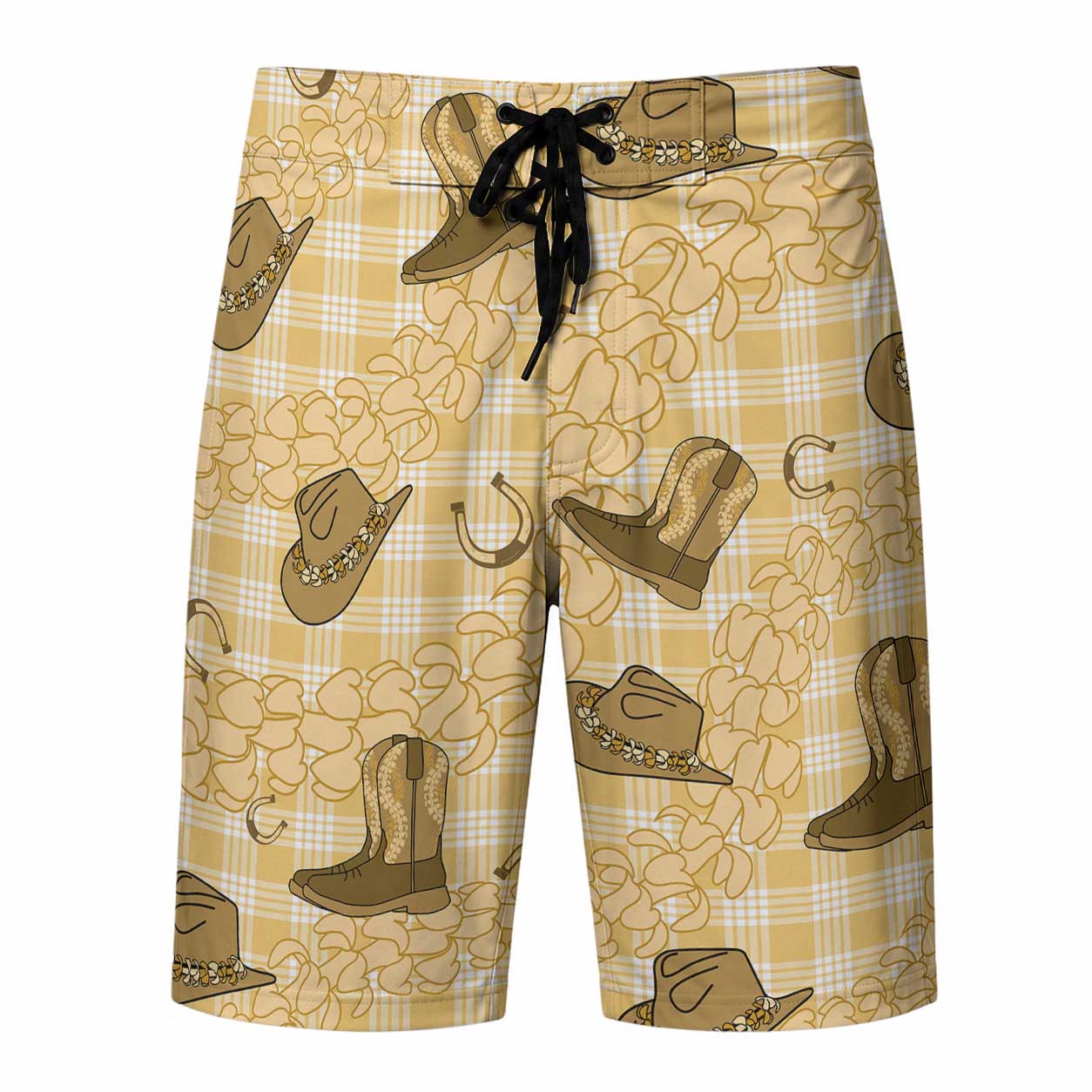 Yellow Palaka Hawaii Cowboy Board Shorts Puakenikeni Lei Paniolo Papale Seamless Vibes