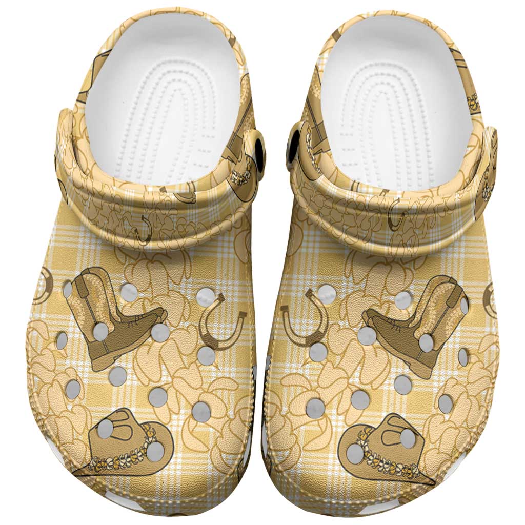 Yellow Palaka Hawaii Cowboy Clogs Shoes Puakenikeni Lei Paniolo Papale Seamless Vibes