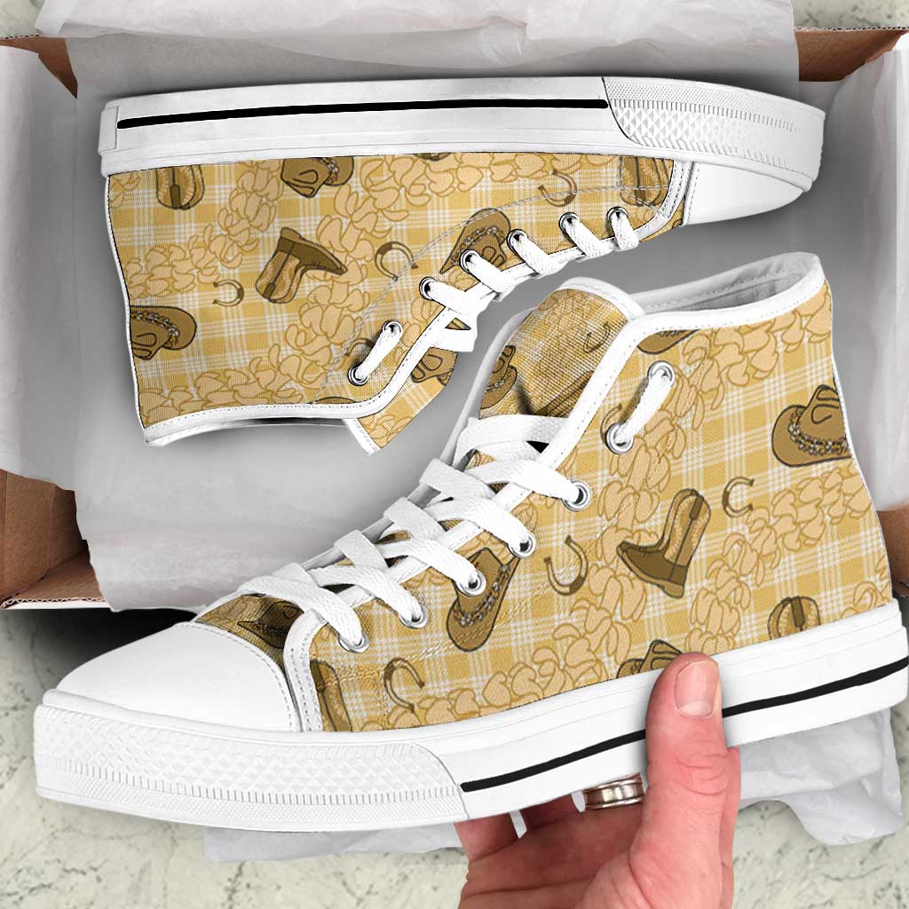 Yellow Palaka Hawaii Cowboy High Top Shoes Puakenikeni Lei Paniolo Papale Seamless Vibes - Polynesian Pride