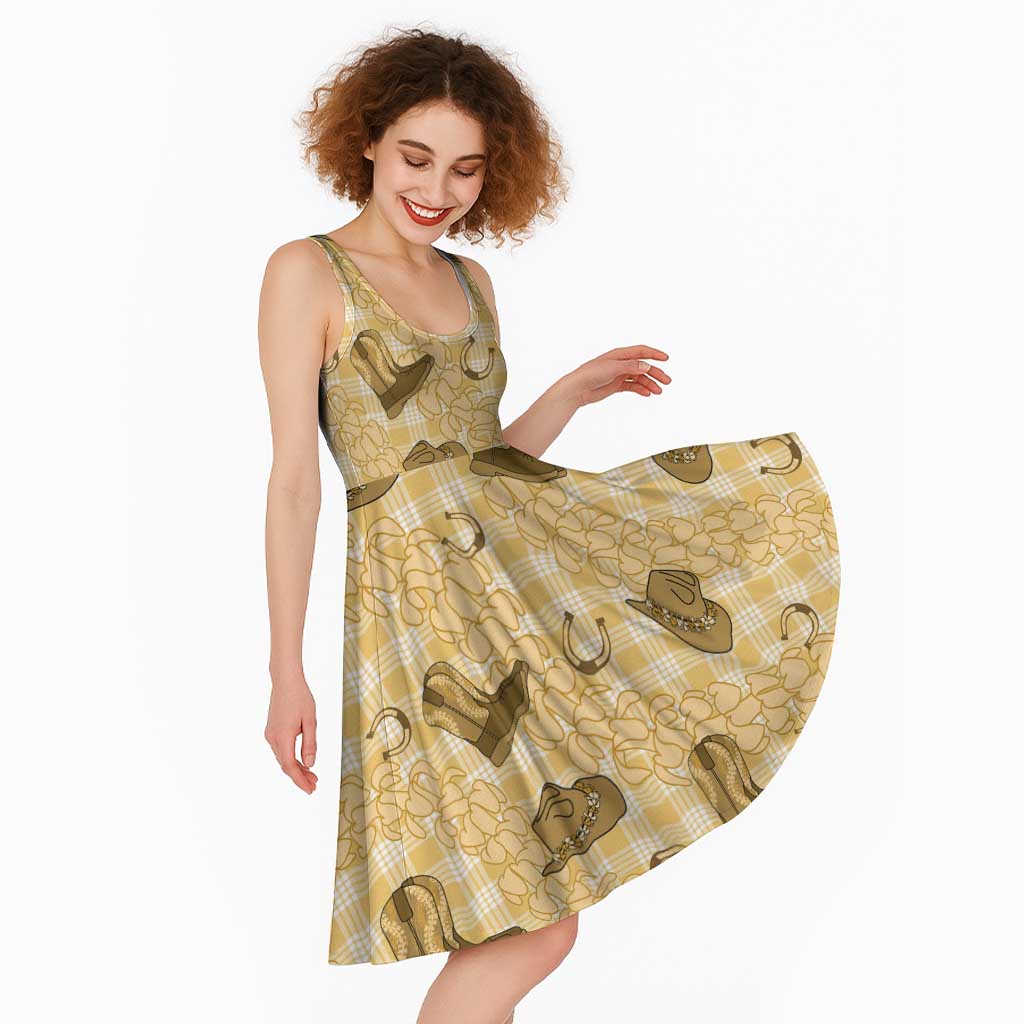 Yellow Palaka Hawaii Cowboy Midi Dress Puakenikeni Lei Paniolo Papale Seamless Vibes - Polynesian Pride