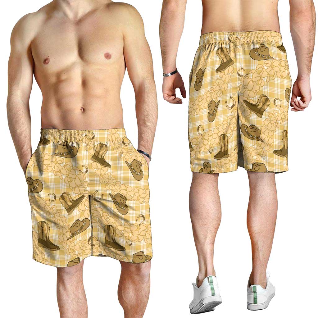 Yellow Palaka Hawaii Cowboy Shorts for Men Puakenikeni Lei Paniolo Papale Seamless Vibes - Polynesian Pride