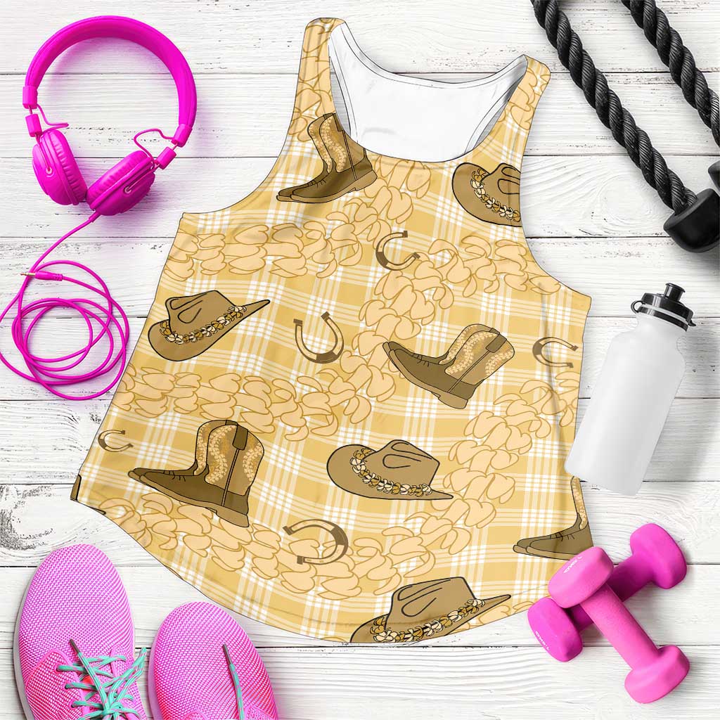 Yellow Palaka Hawaii Cowboy Women Racerback Tank Puakenikeni Lei Paniolo Papale Seamless Vibes - Polynesian Pride