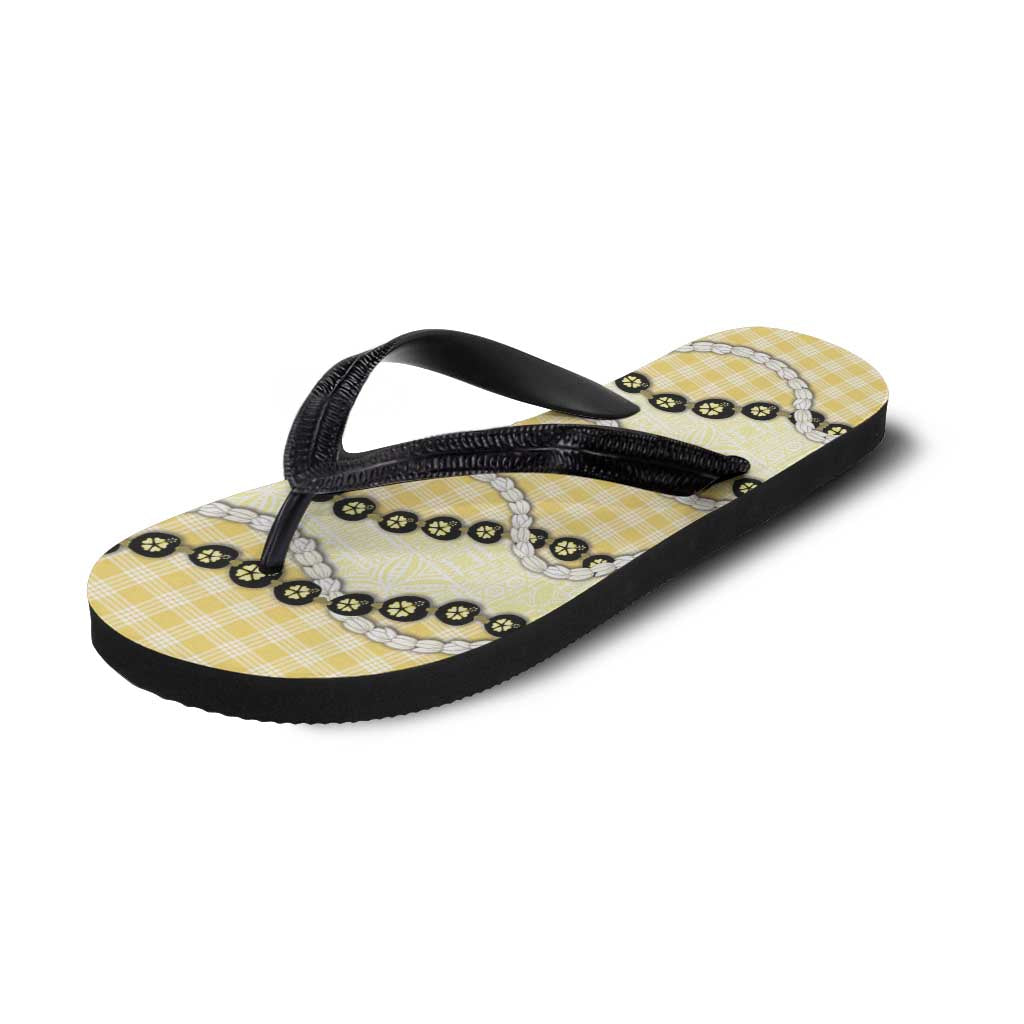 Yellow Palaka Hawaii Flip Flops Kukui Nut Pikake Lei Hawaiian Tapa Pattern - Polynesian Pride