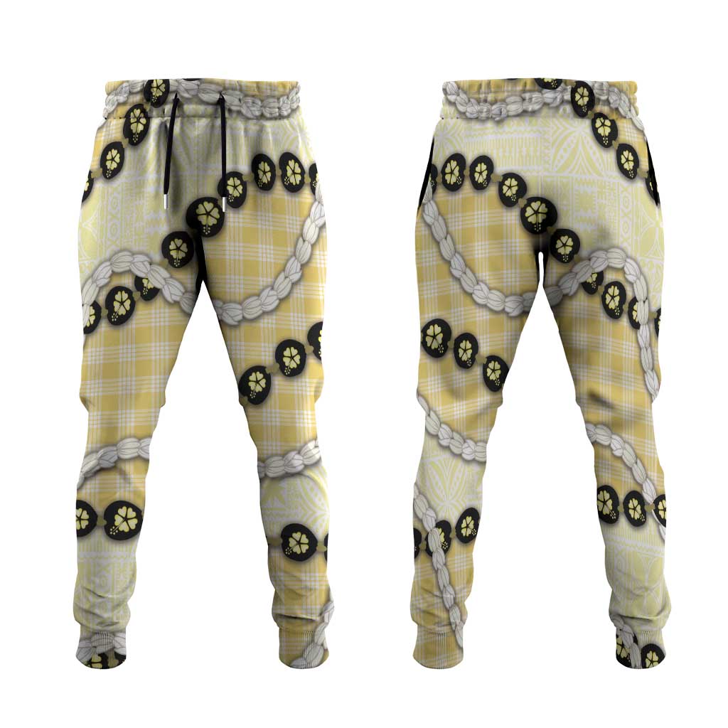 Yellow Palaka Hawaii Jogger Pants Kukui Nut Pikake Lei Hawaiian Tapa Pattern - Polynesian Pride