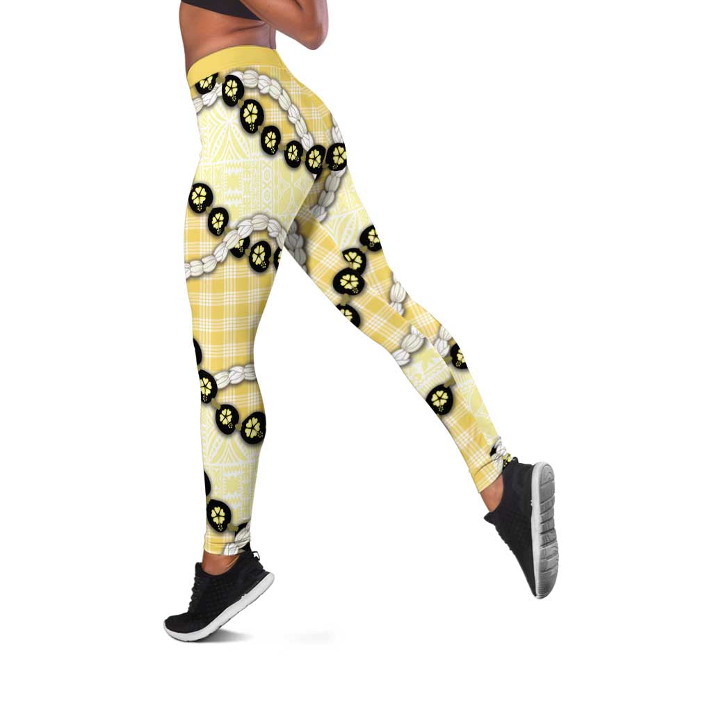 Yellow Palaka Hawaii Leggings Kukui Nut Pikake Lei Hawaiian Tapa Pattern - Polynesian Pride