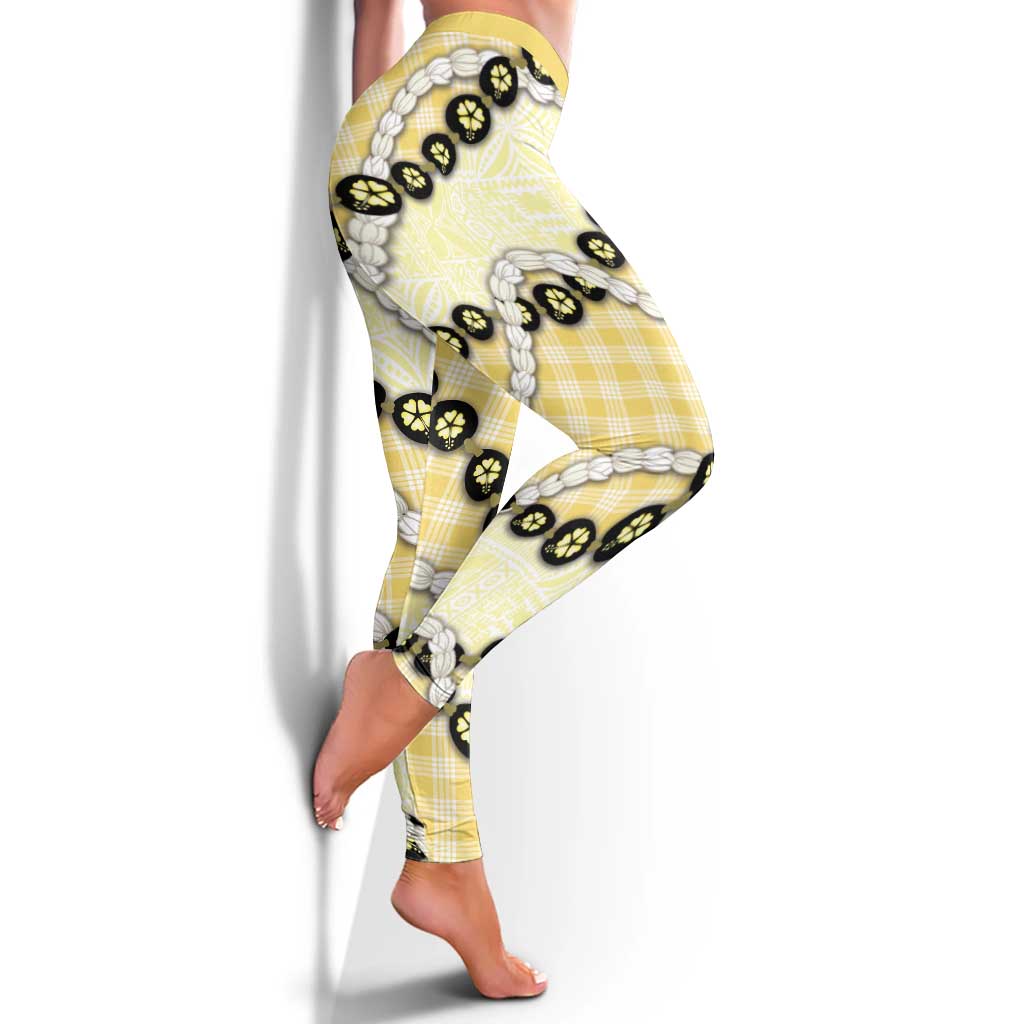 Yellow Palaka Hawaii Leggings Kukui Nut Pikake Lei Hawaiian Tapa Pattern - Polynesian Pride