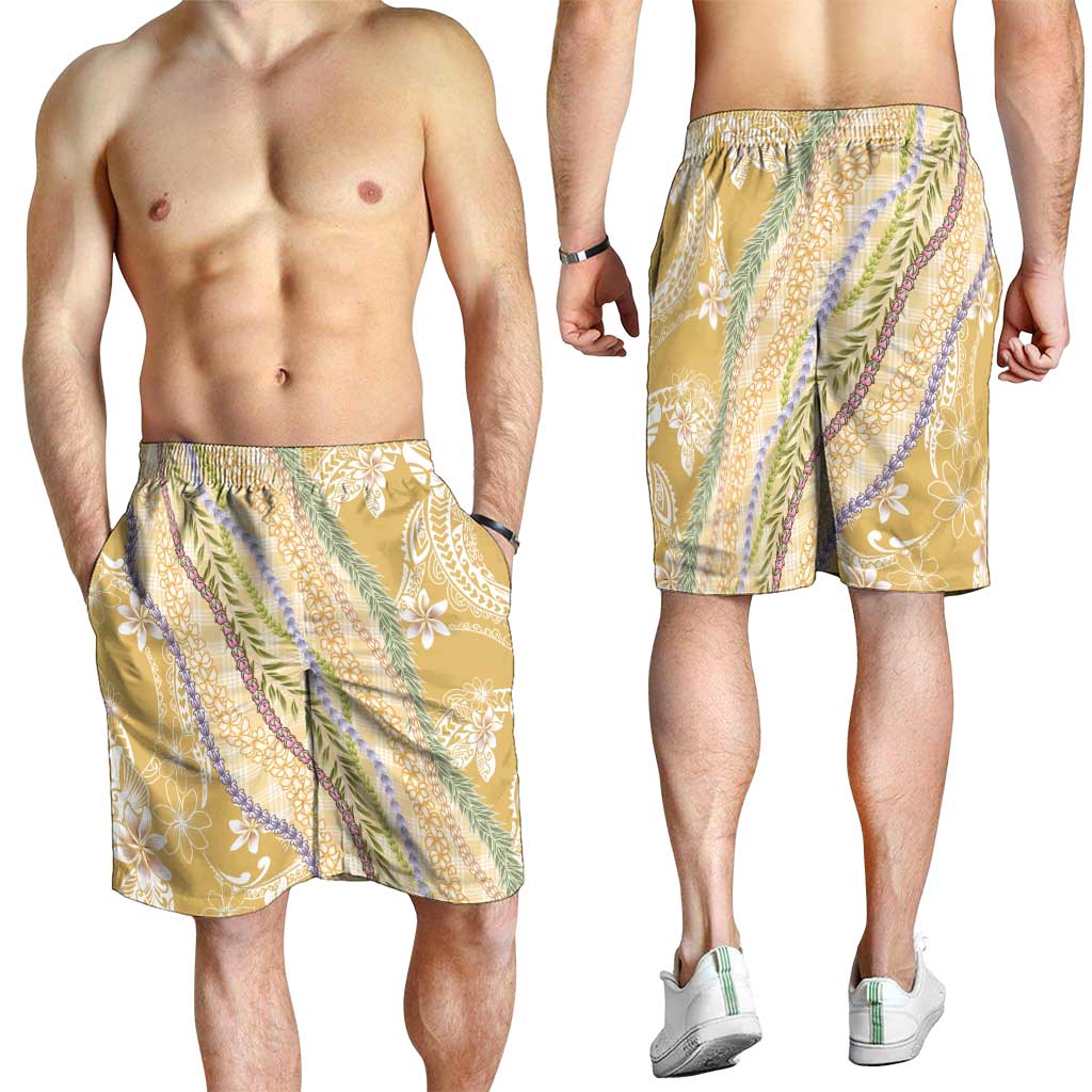 Yellow Palaka Hawaii Leis Shorts for Men Hawaiian-plaid Elegant Tropical Vibes - Polynesian Pride