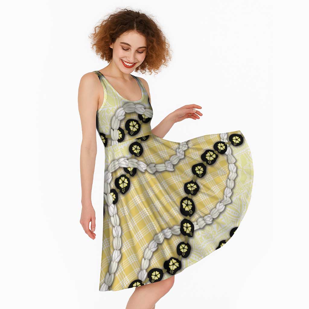 Yellow Palaka Hawaii Midi Dress Kukui Nut Pikake Lei Hawaiian Tapa Pattern - Polynesian Pride