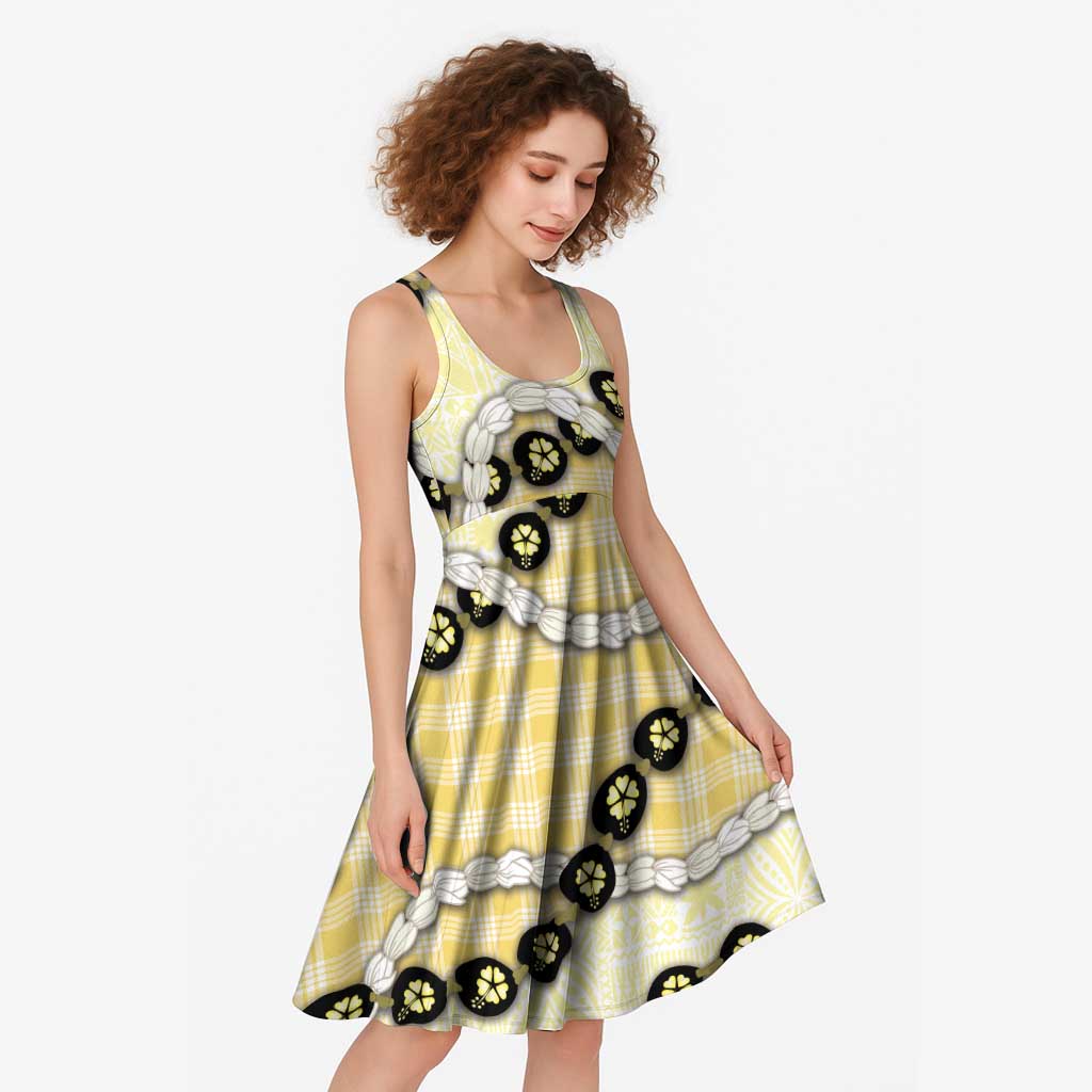Yellow Palaka Hawaii Midi Dress Kukui Nut Pikake Lei Hawaiian Tapa Pattern - Polynesian Pride