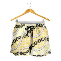 Yellow Palaka Hawaii Shorts for Women Kukui Nut Pikake Lei Hawaiian Tapa Pattern - Polynesian Pride