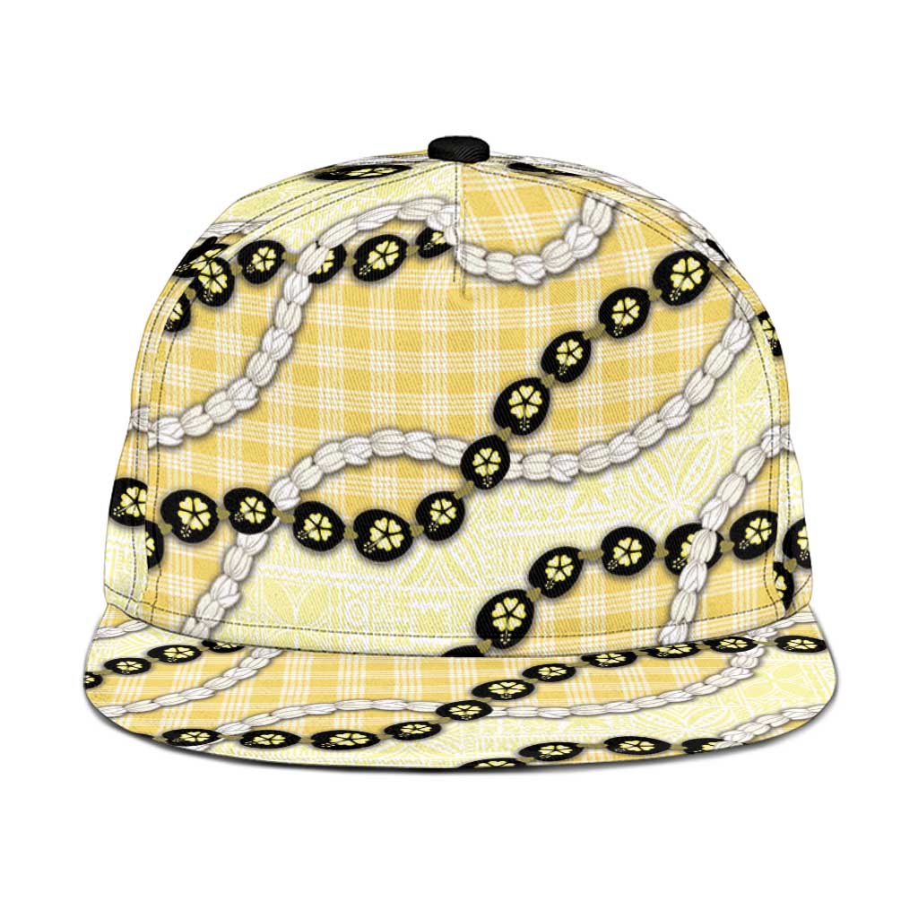 Yellow Palaka Hawaii Snapback Cap Kukui Nut Pikake Lei Hawaiian Tapa Pattern - Polynesian Pride