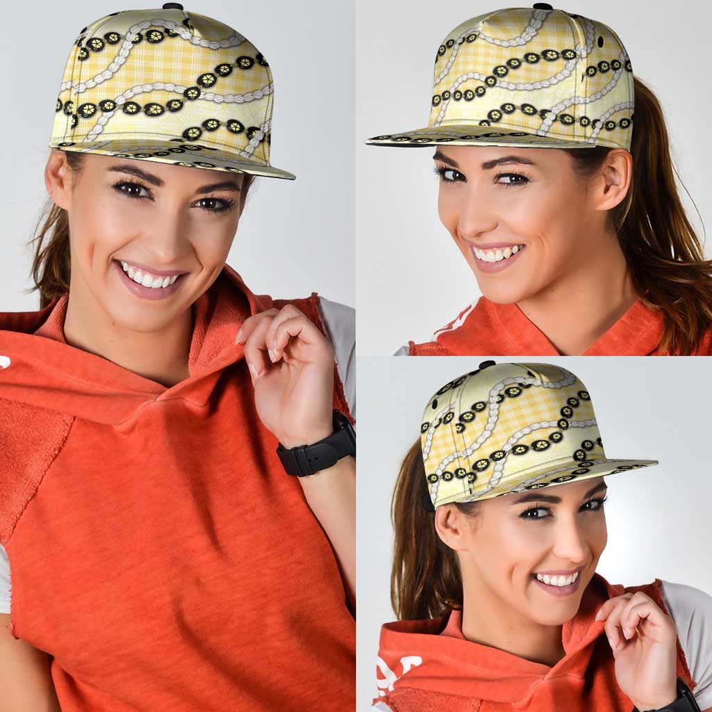 Yellow Palaka Hawaii Snapback Cap Kukui Nut Pikake Lei Hawaiian Tapa Pattern - Polynesian Pride