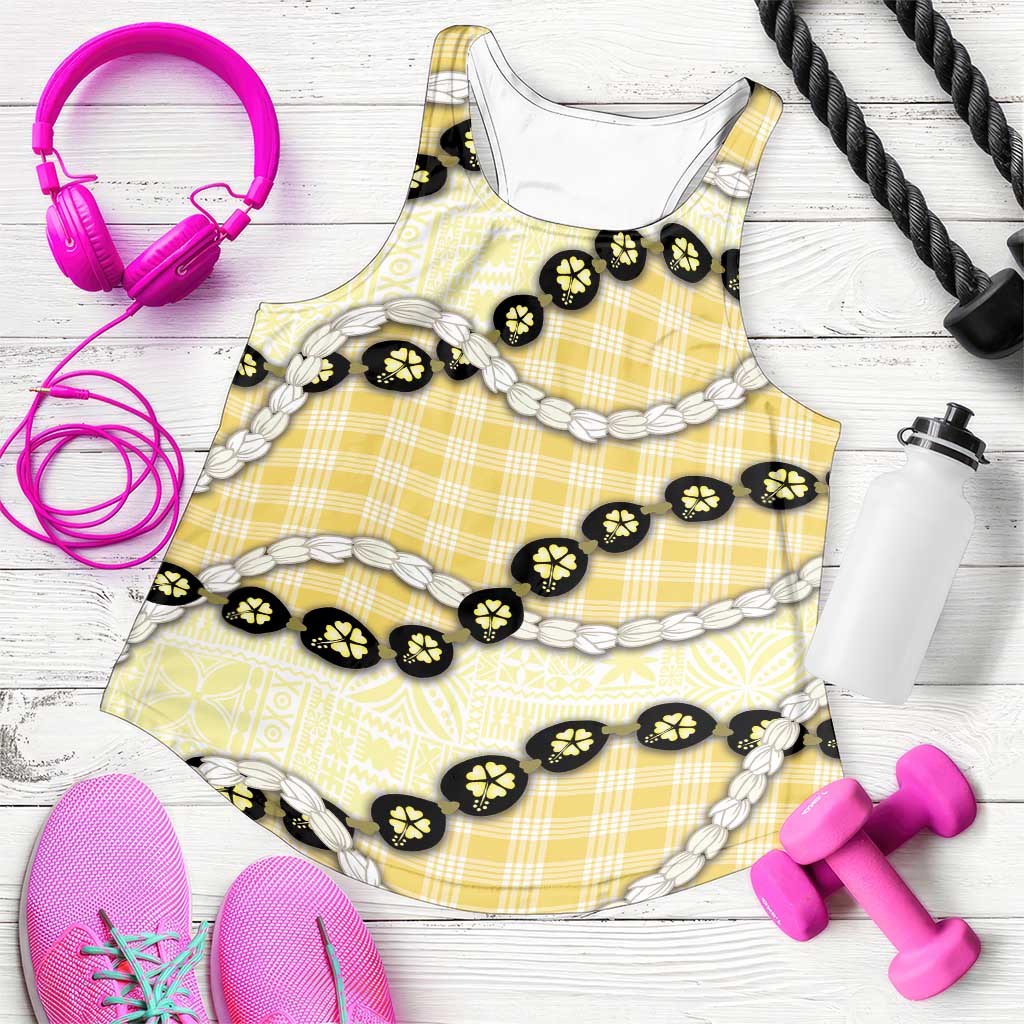 Yellow Palaka Hawaii Women Racerback Tank Kukui Nut Pikake Lei Hawaiian Tapa Pattern - Polynesian Pride