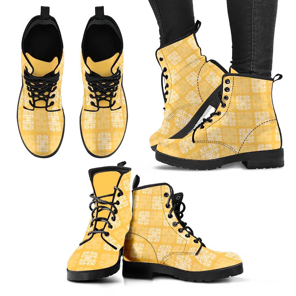 Yellow Palaka Quilt Hawaii Leather Boots Traditional Hawaii-plaid Pattern - Polynesian Pride