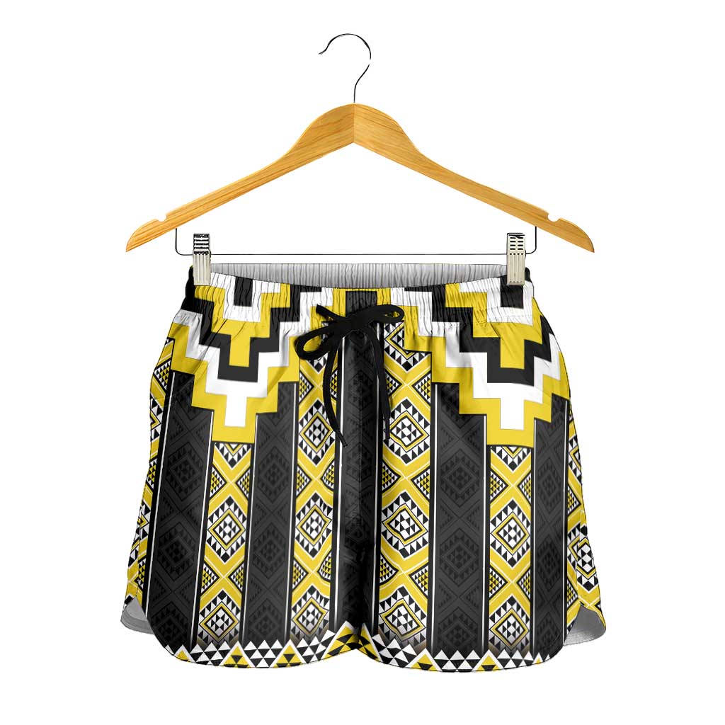 Yellow Taniko Aotearoa Shorts for Women Niho Taniwha Mix Poutama