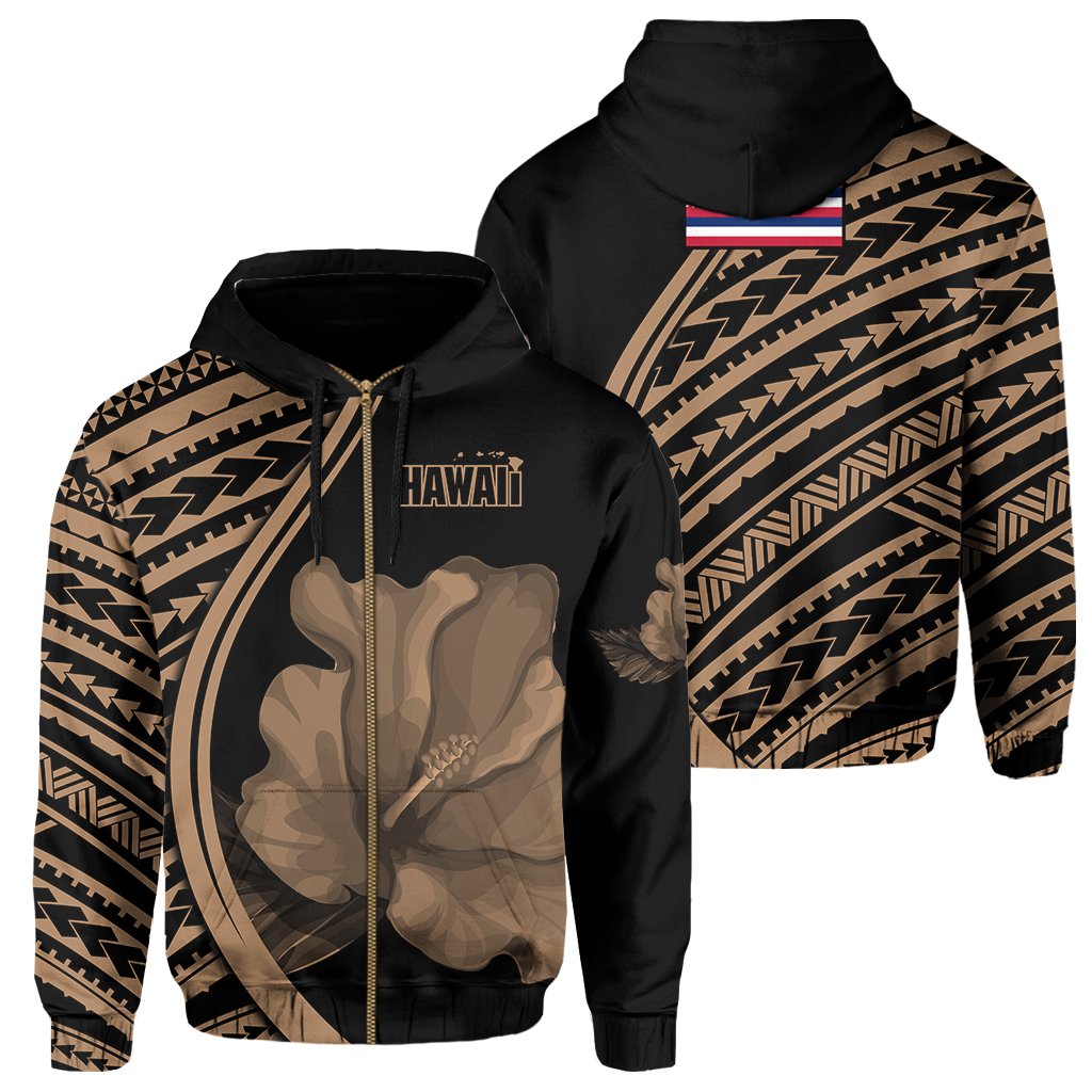 Polynesian Hibiscus Map Flag of Hawaii Zip Hoodie Unisex Black - Polynesian Pride