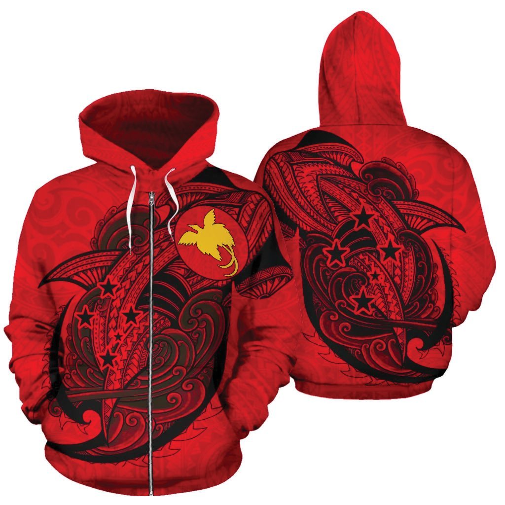 Papua New Guinea Zip up Hoodie Shark of Freedom Flying With Bird of Paradise TH0 Unisex Red - Polynesian Pride