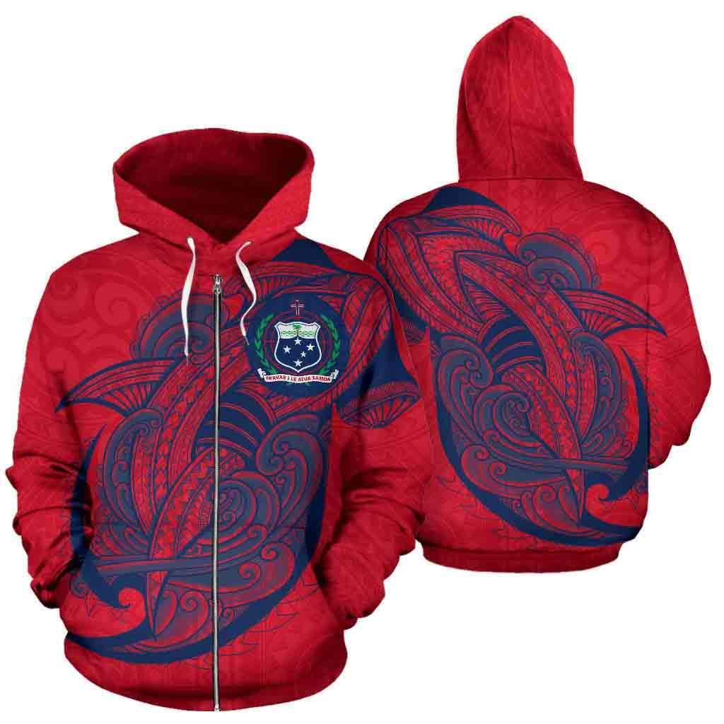 Samoa Zip up Hoodie Samoa Coat of Arms Liberal Shark in Courageous TH0 Unisex Red - Polynesian Pride