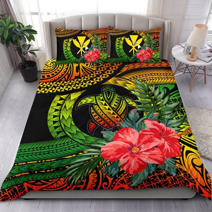 Kanaka Maoli (Hawaiian) Quilt Bed Set - Polynesian Turtle Hibiscus Reggae Blue - Polynesian Pride