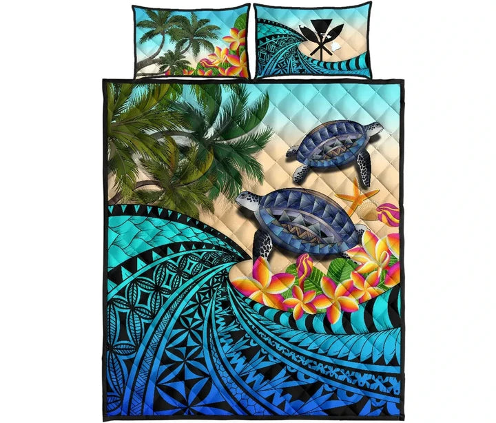 Kanaka Maoli (Hawaiian) Quilt Bed Set - Polynesian Turtle Coconut Tree And Plumeria Blue - Polynesian Pride