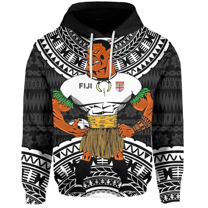 Fiji Hoodie Fijian Tapa Rugby Black Unisex Black - Polynesian Pride