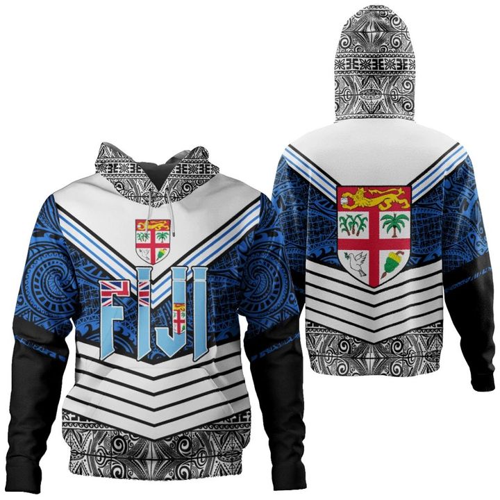 Fiji Hoodie Tapa Lauhala Rugby Scrum Style Unisex Blue - Polynesian Pride