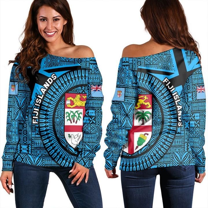 Fiji Islands Off Shoulder Sweater Circle - Fijian Tapa Blue Blue - Polynesian Pride