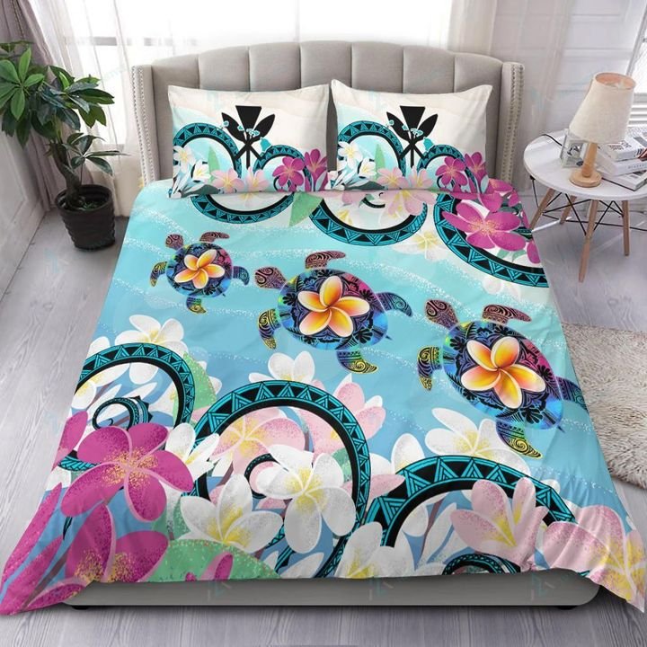 Kanaka Maoli Hawaii Bedding Set, Beach Turtle Plumeria 3 Pieces Bedding Set Blue - Polynesian Pride