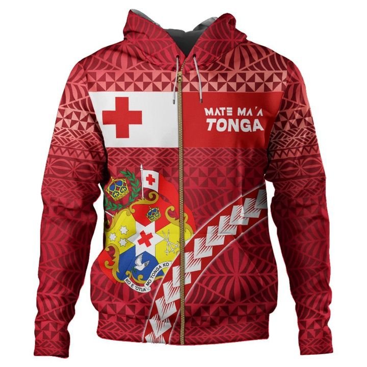 Mate Maa Tonga Rugby Zip Hoodie Polynesian Pattern Unisex Red - Polynesian Pride