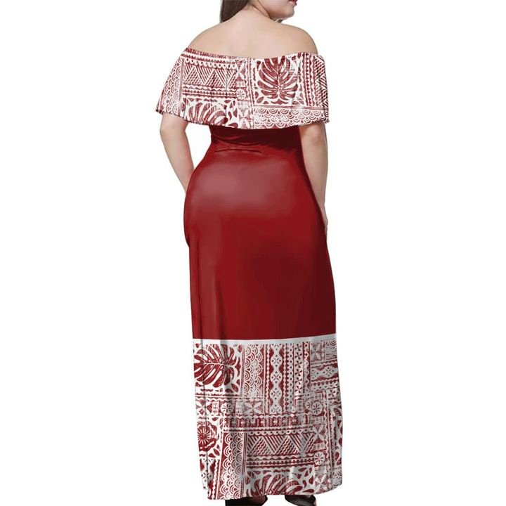 Fiji Tapa Monstera Off Shoulder Long Dress - Polynesian Pride