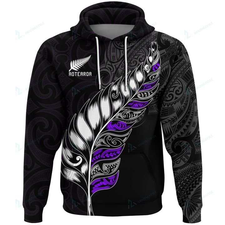 New Zealand Aotearoa Hoodie, Maori Silver Fern Hei Tiki Kiwi Purple Unisex Black - Polynesian Pride