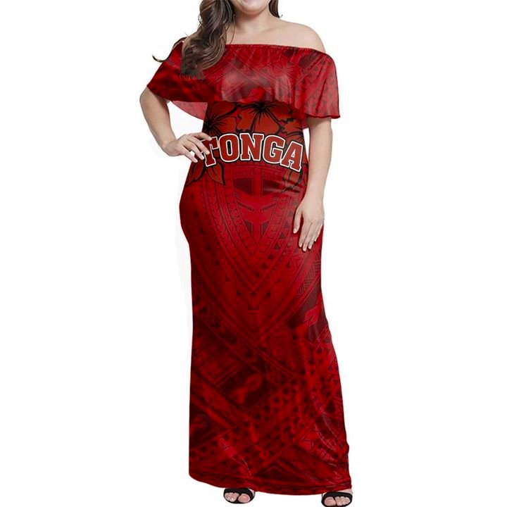 Tonga Polynesian Hibiscus Style Off Shoulder Long Dress Women Red - Polynesian Pride