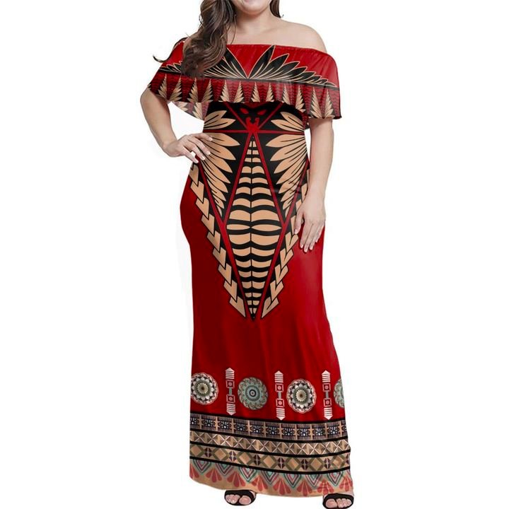 Tonga Ngatu Design Off Shoulder Long Dress Women Red - Polynesian Pride