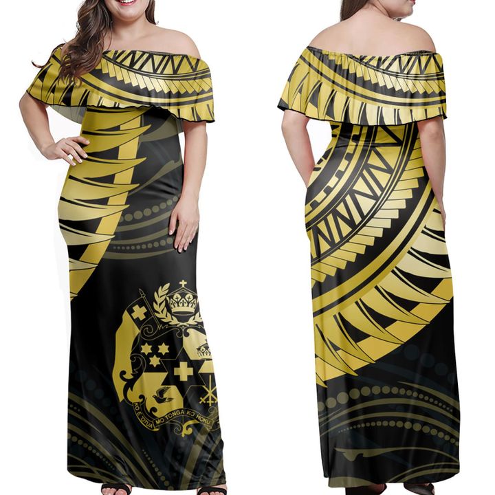 Sila Tonga Polynesian Wing Gold Off Shoulder Long Dress Women Gold - Polynesian Pride