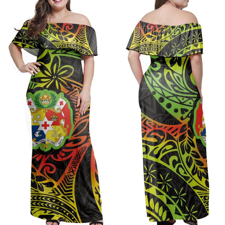 Tonga Coat Of Arms Polynesian Traditional Reggae Off Shoulder Long Dress Women Reggae - Polynesian Pride