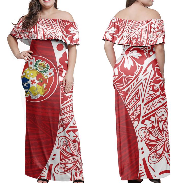 Sila Tonga Hibiscus Polynesian Pattern Red Off Shoulder Long Dress Women Red - Polynesian Pride