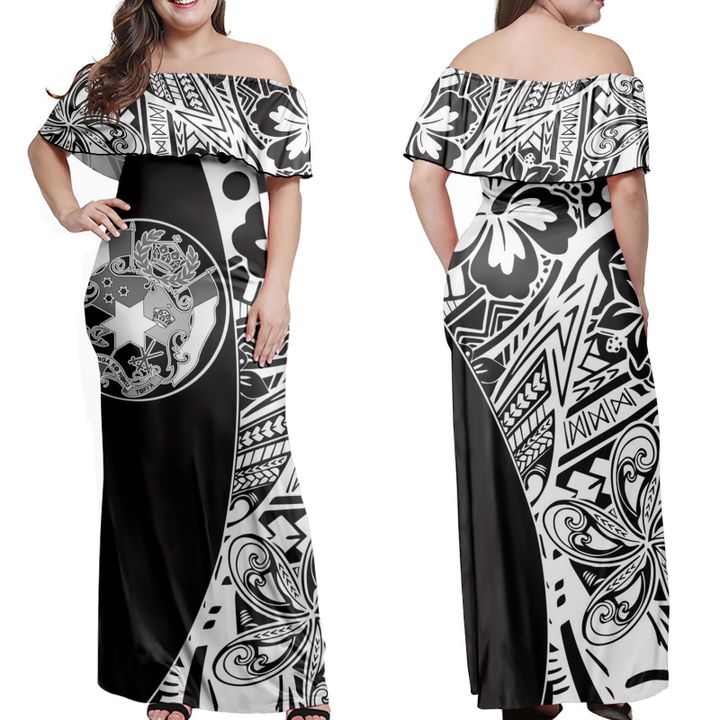 Sila Tonga Hibiscus Polynesian Pattern Off Shoulder Long Dress Women Black - Polynesian Pride