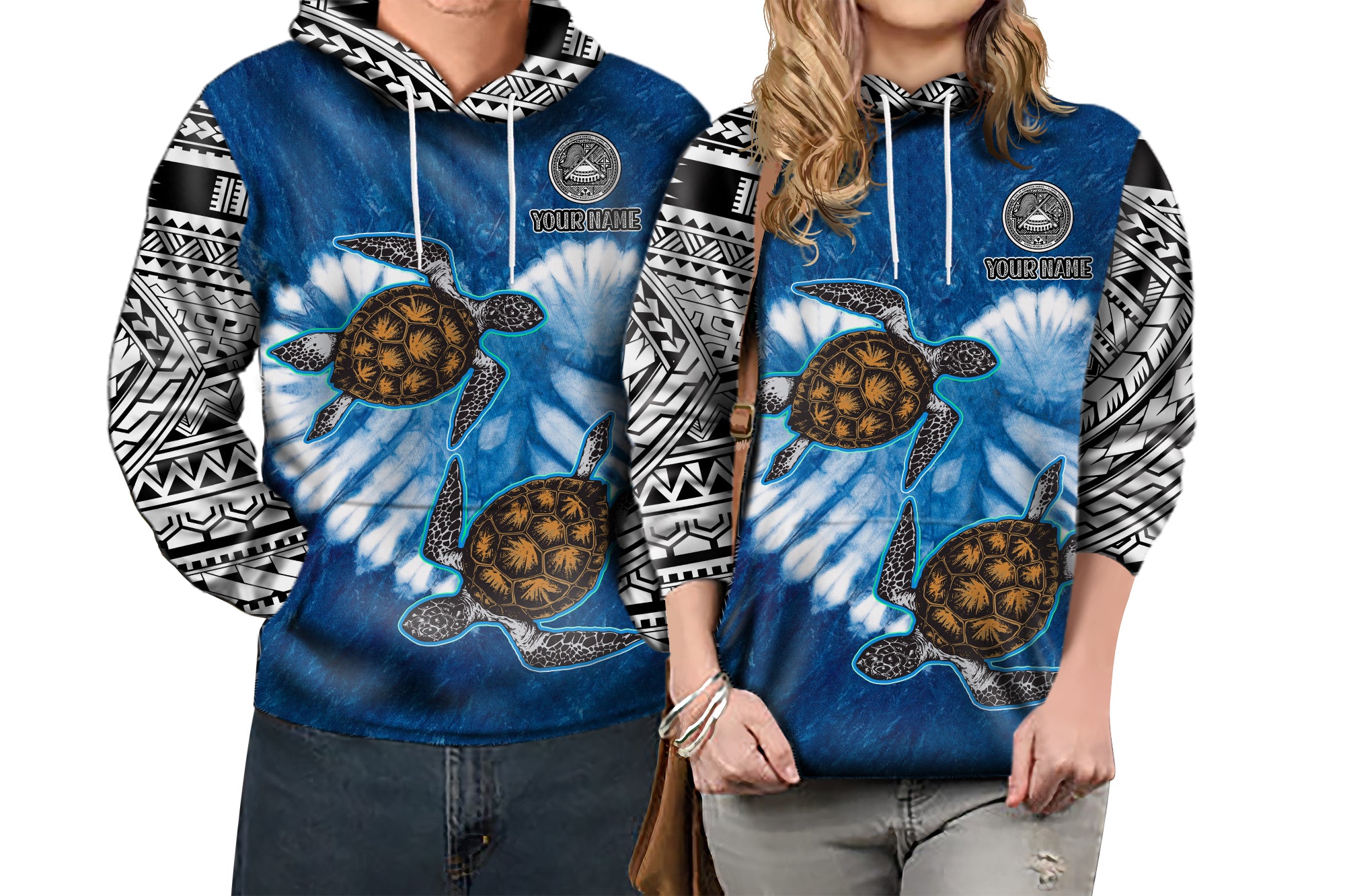 Custom American Samoa Hoodie Couple Polynesian Turtles Valentine HUSBand and WIFE Tie Dye Blue LT13 - Polynesian Pride